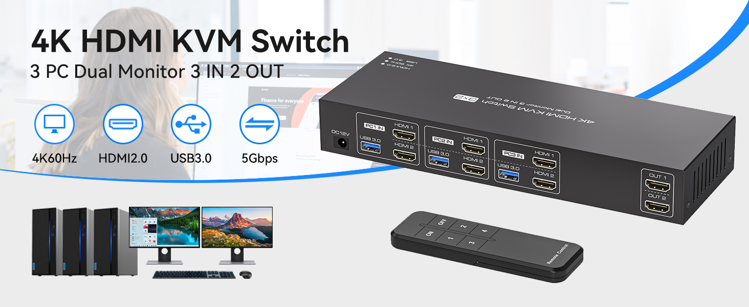 HDMI KVM Switch 3 Computers 2 Monitors, 4K@60Hz EDID Simulation HDMI 2.0 KVM Switch 3 in 2 Out for 3