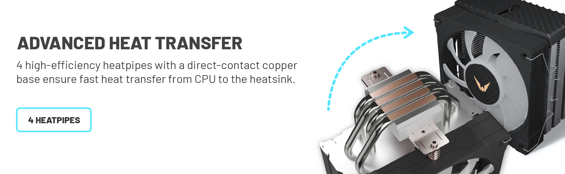 Optimized Fin Stack with 4 Heatpipes: A 48-fin aluminum heatsink with 2.15 mm spacing and four compo