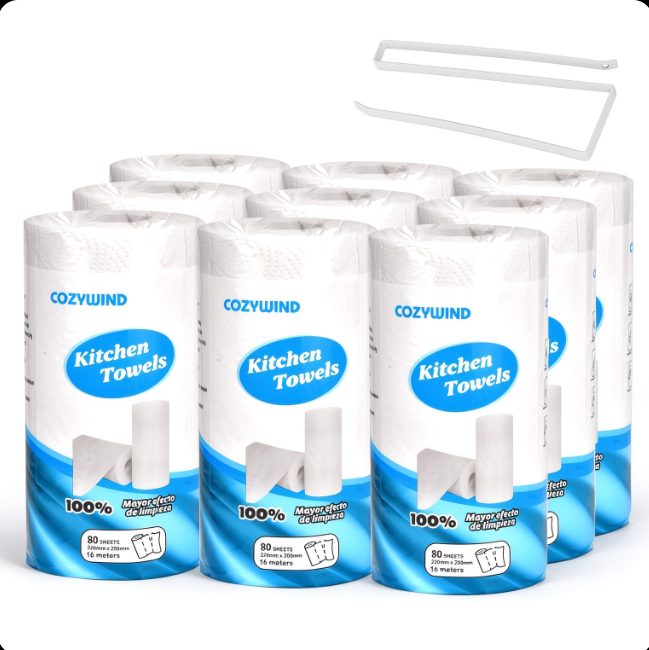 COZYWIND kitchen towels 8 rolls bundle, disposable kitchen paper rolls with paper towel holder, whit