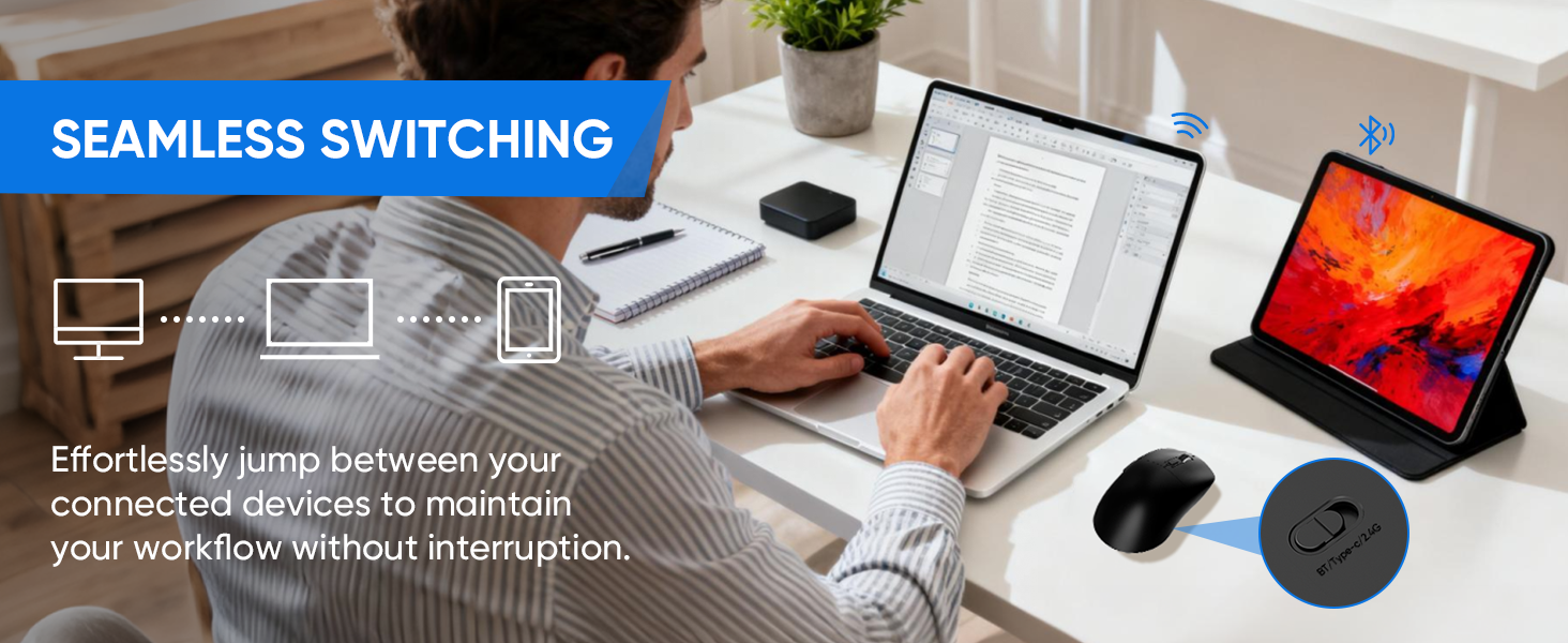 Wireless Gaming Mouse, 2.4G/Bluetooth 5.4/USB-C 3-Mode Wired/Cordless Game Mice with 8 Adjustable DP