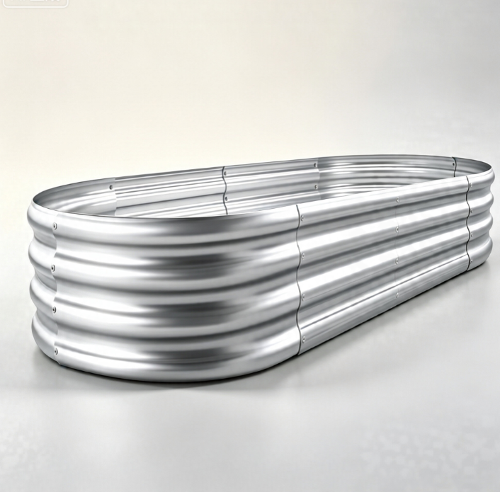 Galvanized metal raised garden bed, oval corrugated steel planter box for backyard vegetable plantin