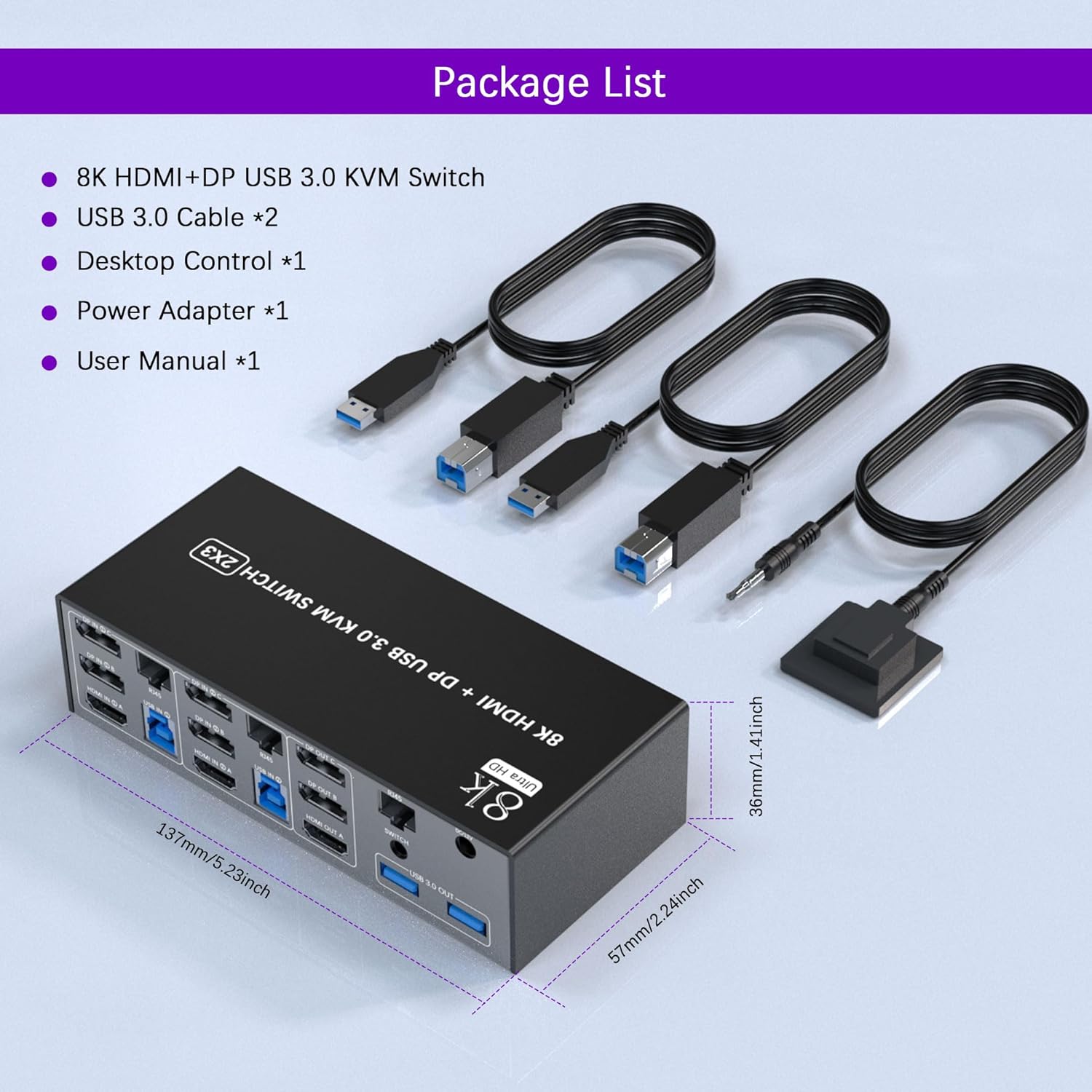 What You Get: 1x 2Ports 8K@60Hz USB 3.0 HDMI + 2 DisplayPort Triple Monitor KVM Switch, 2x USB 3.0 C