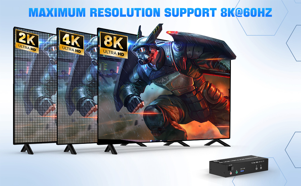 Upgrade your setup with the 8K@60Hz KVM Switch and experience the ultimate dual monitor experience.