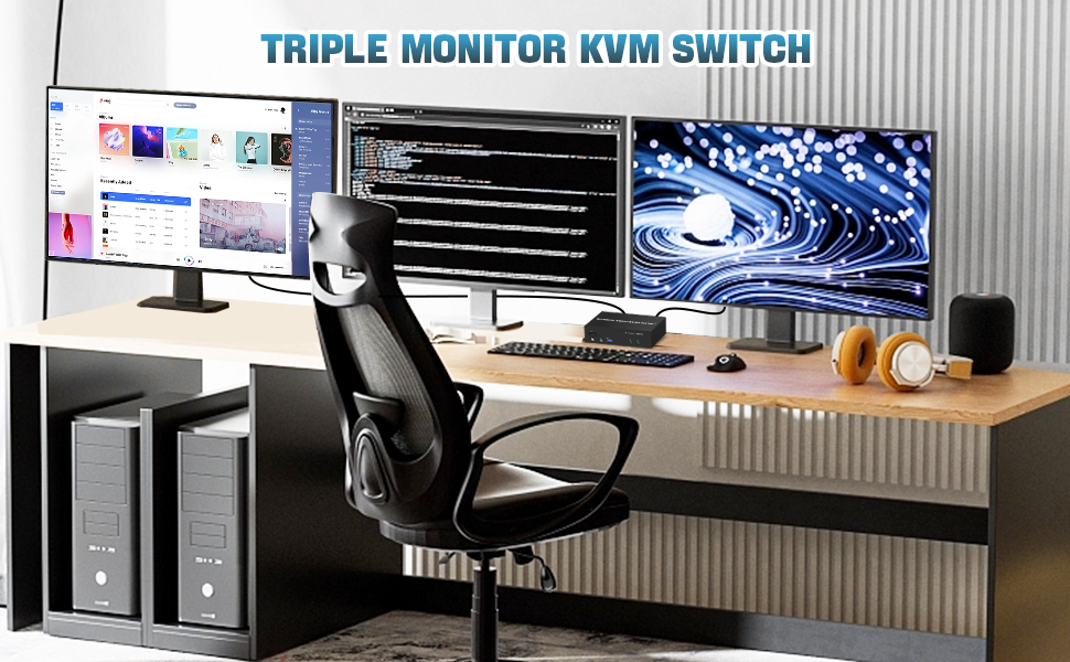 Triple Monitor KVM Support 2 Switching Modes  Quickly switch between the 2 computers with just one c