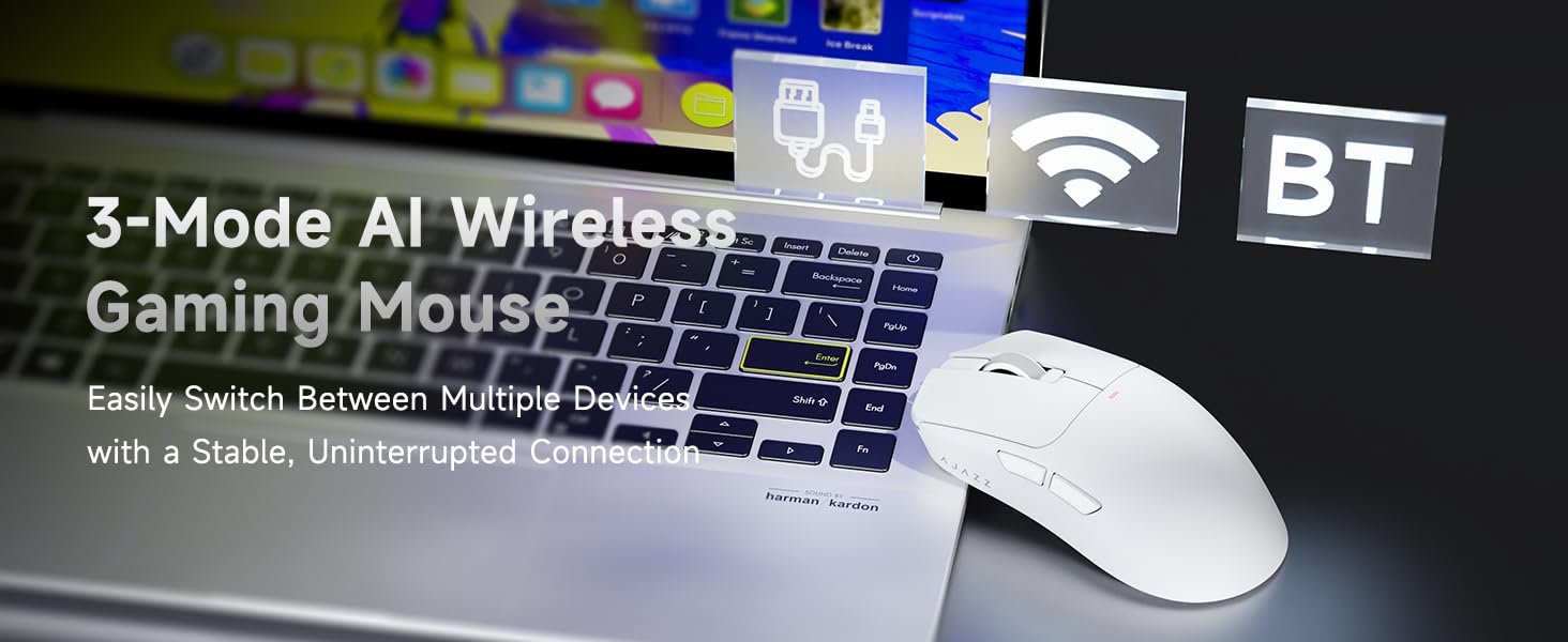 AJ200P Wireless Gaming Mouse, Tri-Mode Bluetooth/2.4G/Wired PC Mouse with Magnetic Charging Dock