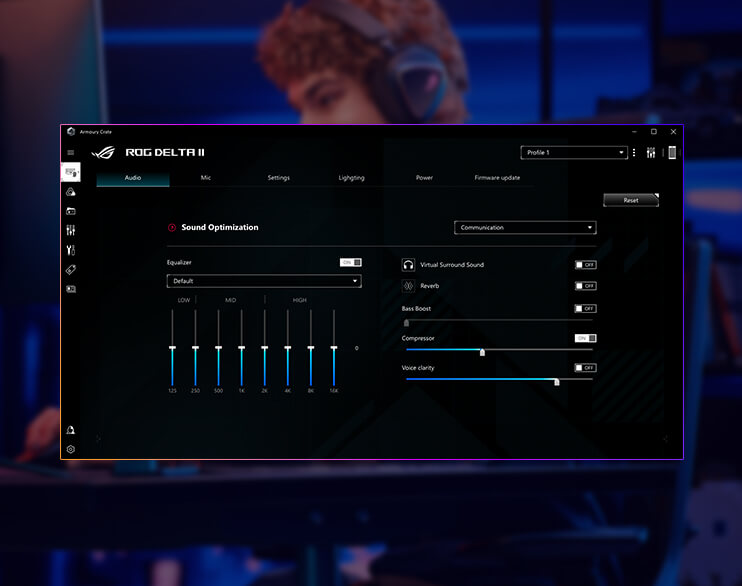 ROG Delta II Armoury Crate software interface showing audio, EQ, RGB lighting and power controls