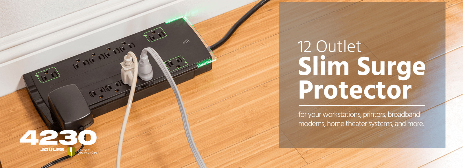 12 Outlet Slim Surge Protector 10ft Cord, 4230 Joules, Clamping Voltage 330V