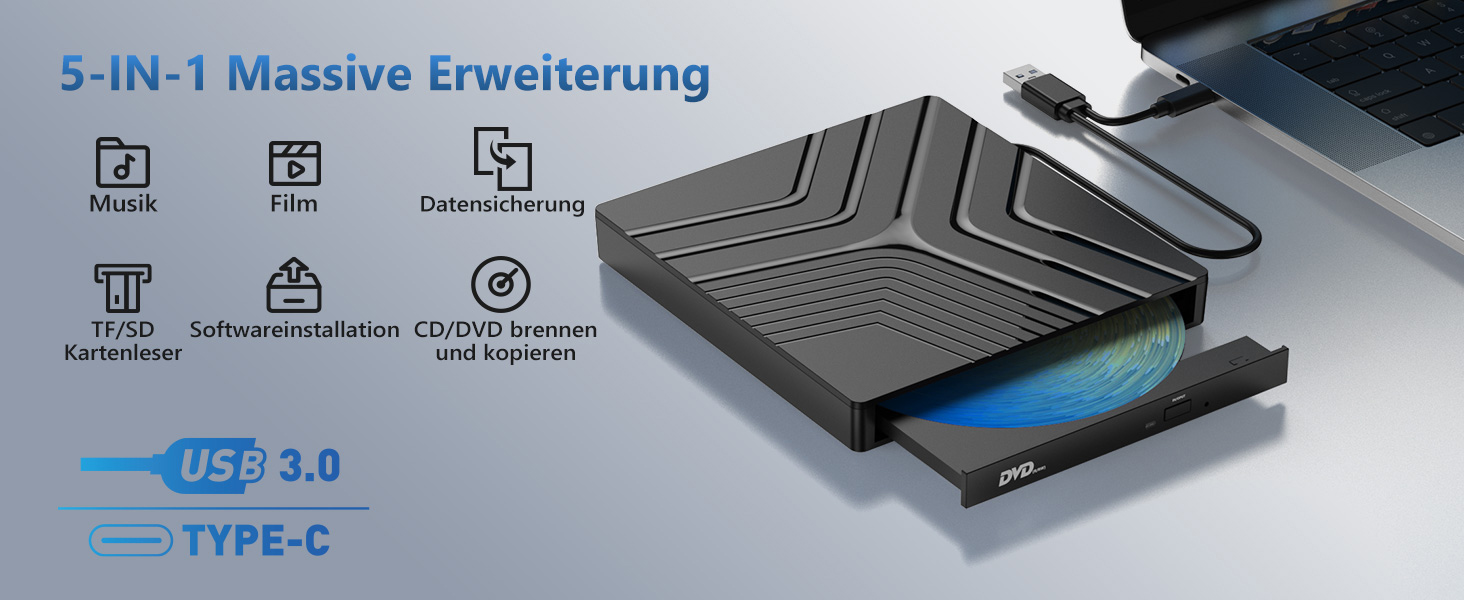 5 in 1 External DVD Drive for Laptop Desktop PC MacBook, USB 3.0 Type C External DVD Burner Optical