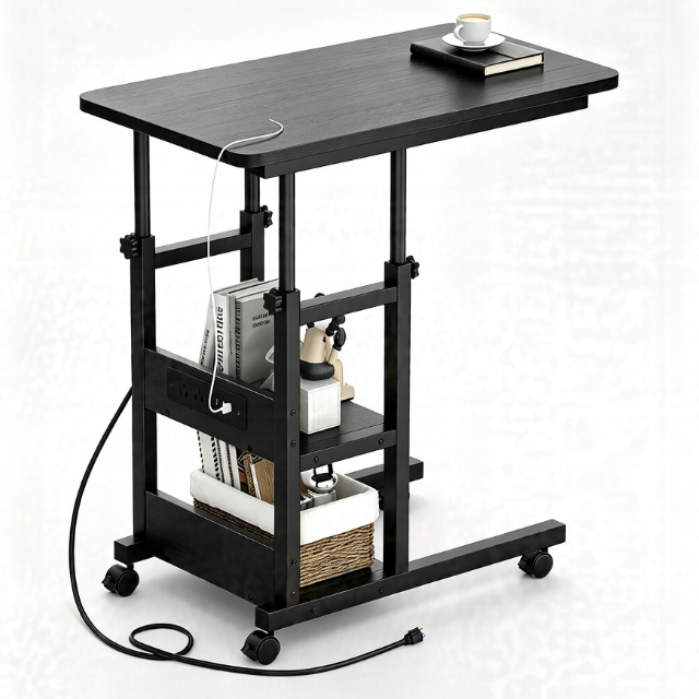 Height Adjustable Rolling Computer Desk with Power Outlet, Mobile Laptop Table with 3-Tier Storage S