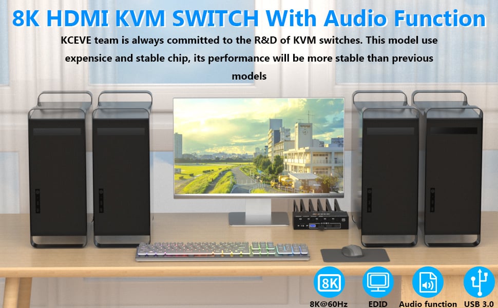 Hitoor KVM Switch 4 Computers 8K@60Hz 4K@144Hz, Simulation EDID, USB 3.0 HDMI KVM Switch for 4 Compu