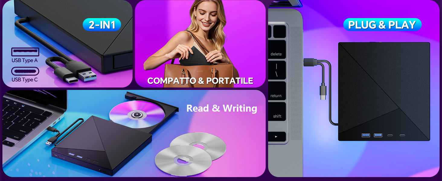 External CD DVD Drive for Laptop PC, External DVD CD Burner, USB 3.0 Type C External CD Drive