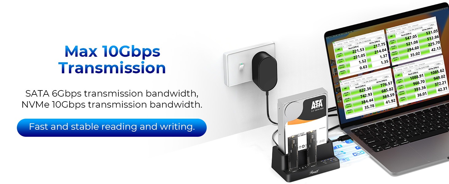 Rosewill RS-N2S-CL M.2 NVMe & SATA SSD / 2.5" & 3.5" HDD Hard Drive Cloner & Reader Docking Station