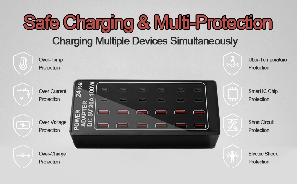 The charging station is housed in a fire- resistant PC material+ABS, ensure the USB Charger durable