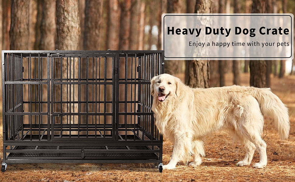LEMBERI 48/38 inch Heavy Duty Indestructible Dog Crate, Escape Proof Dog  Cage Kennel with Lockable Wheels,High Anxiety Double Door,Extra Large Crate
