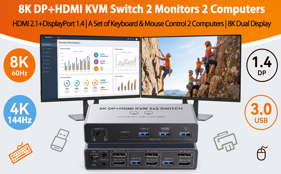 Dual Monitor 8K KVM Switch 2 Monitors 2 Desktop PCs, HDMI + Displayport KVM Switcher 4K@144Hz HDMI 2