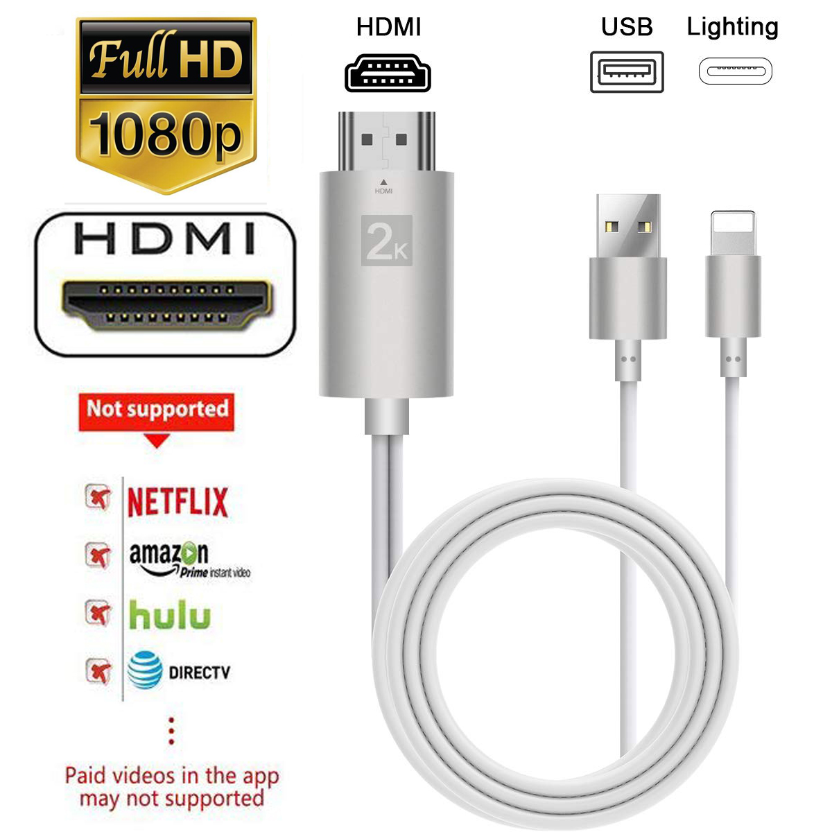 iOS11 HDMI Video Cable Adapter Phone to TV Projector for iPhone X 5S 6 7 8 Plus 