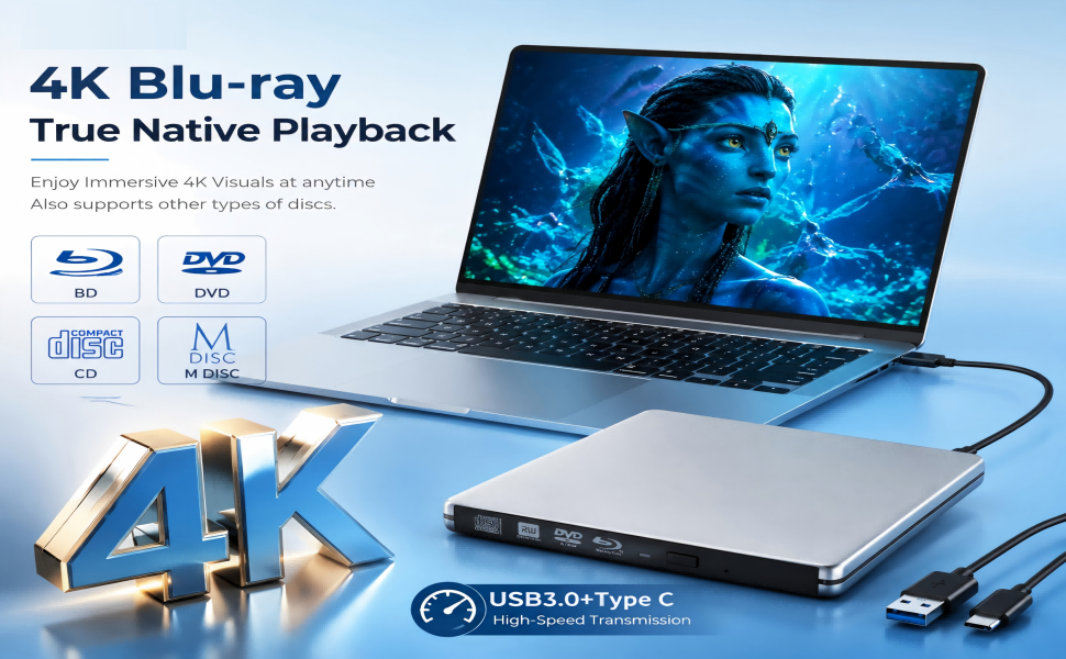 Premium Aluminum 4K UHD External Blu-Ray Drive, 4K External Blu-ray Burner, USB 3.0 & Type C Dual In