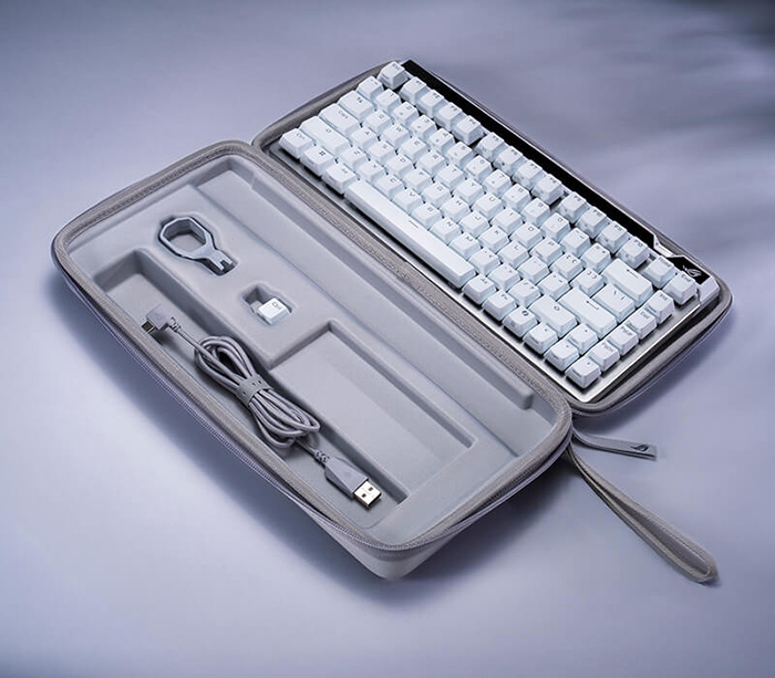 White ROG Falchion Ace 75 HE placed in the custom-fit carry case