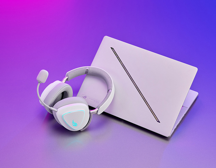 The ROG Delta II Moonlight White Edition shown alongside a Zephyrus G16 2025 laptop