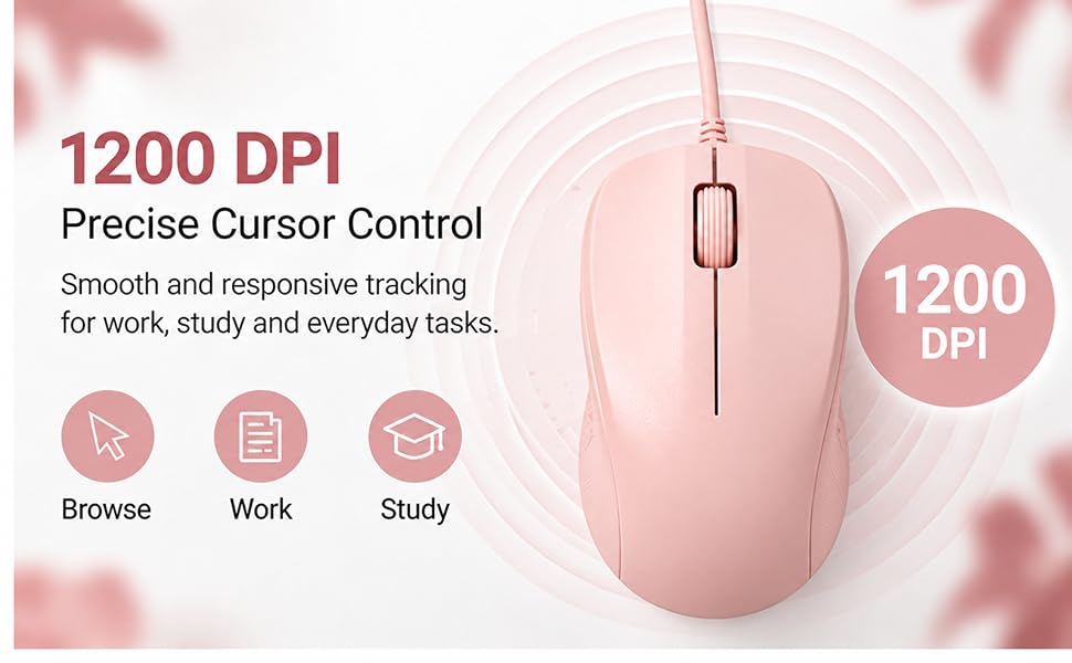 Silent Wired Mouse, 1200 DPI Ergonomic USB Computer Wired Mouse for Office & Home, Plug & Play, Wire
