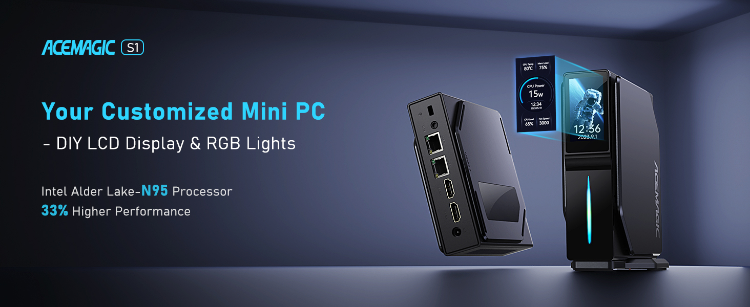 ACEMAGIC S1 Mini PC, Intel Alder Lake-N95 (up to 3.4GHz) Mini Desktop PC  with DIY LCD Screen, 16GB DDR4 512GB M.2 SSD Small PC, RGB Light, WiFi 6/4K