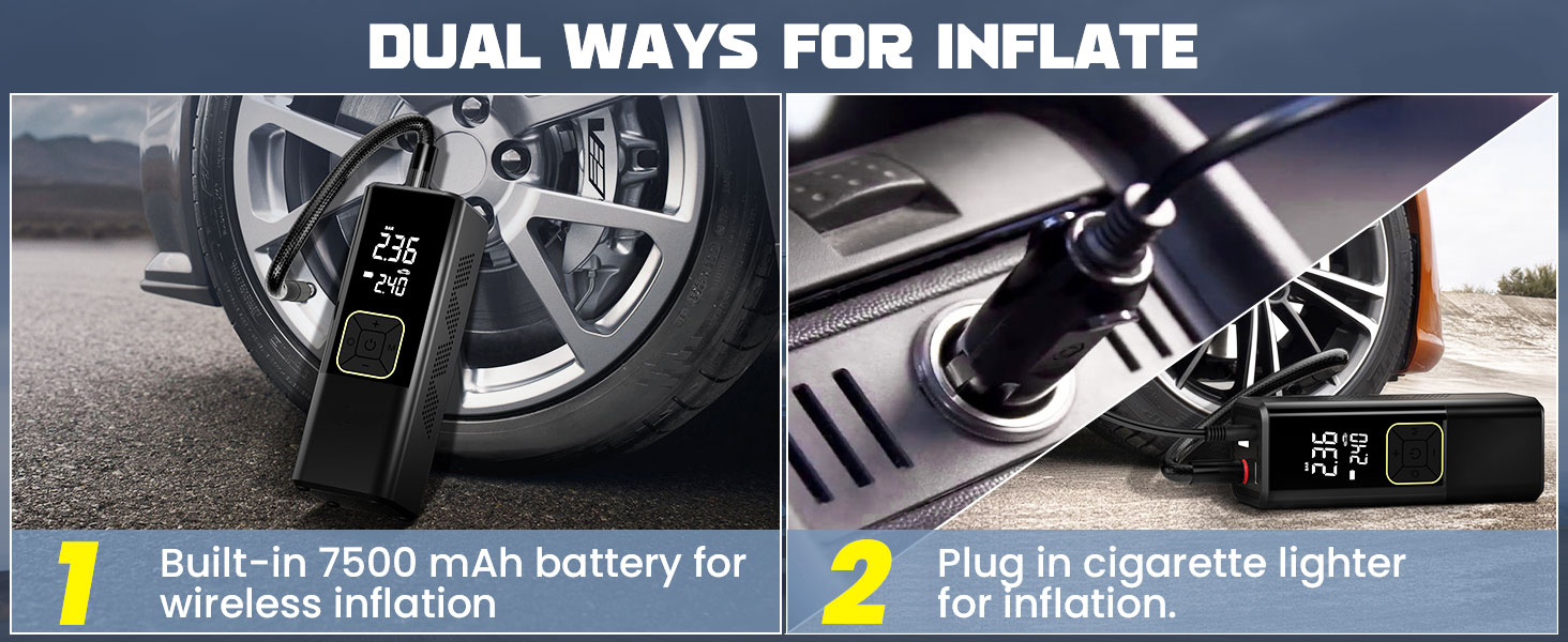 Dual Ways for Inflate for Tire Inflator Portable Air Compressor for Car Tires, 150 PSI