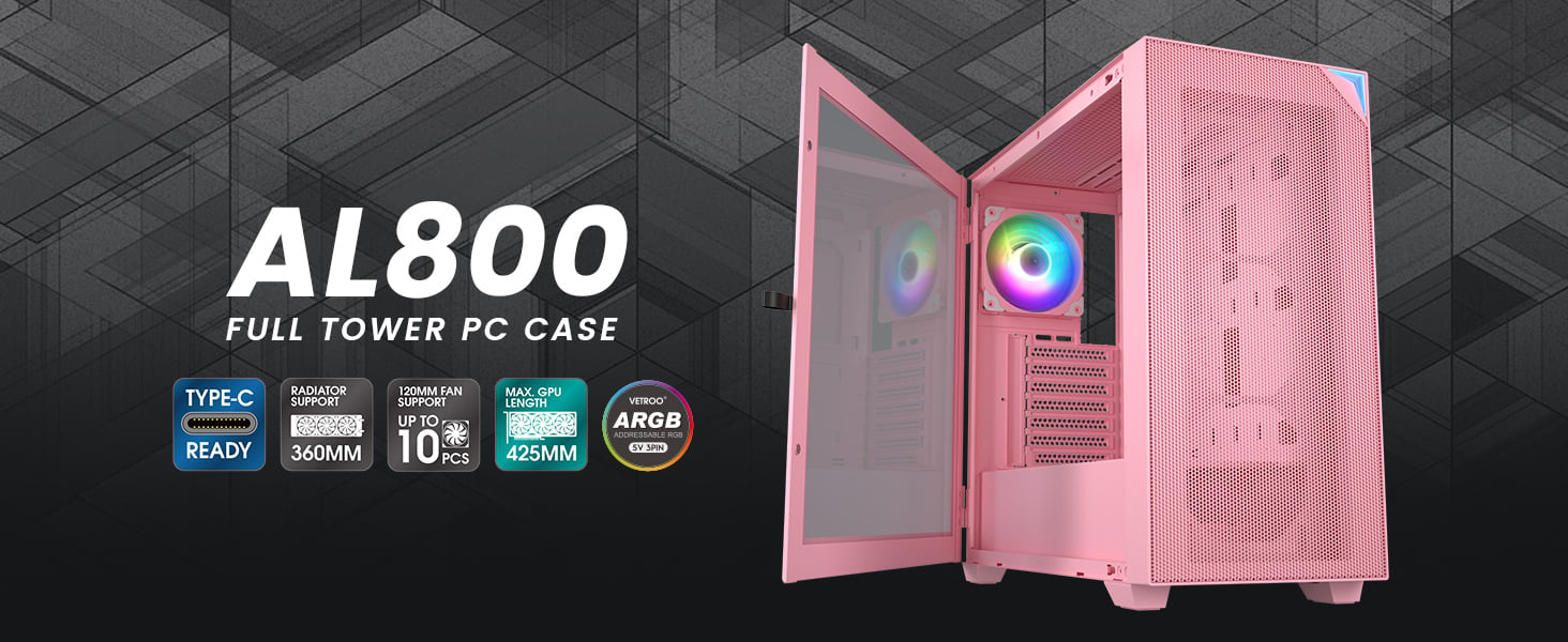 Vetroo AL800 E-ATX Full Tower PC Gaming Case with 4mm Tempered Glass ...
