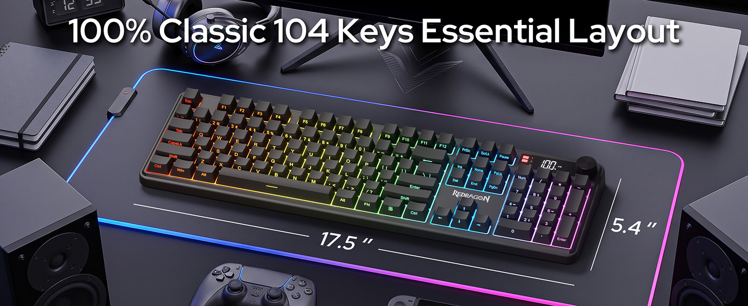 Redragon K526 PRO Wireless RGB Membrane Gaming Keyboard, LED Screen & Knob