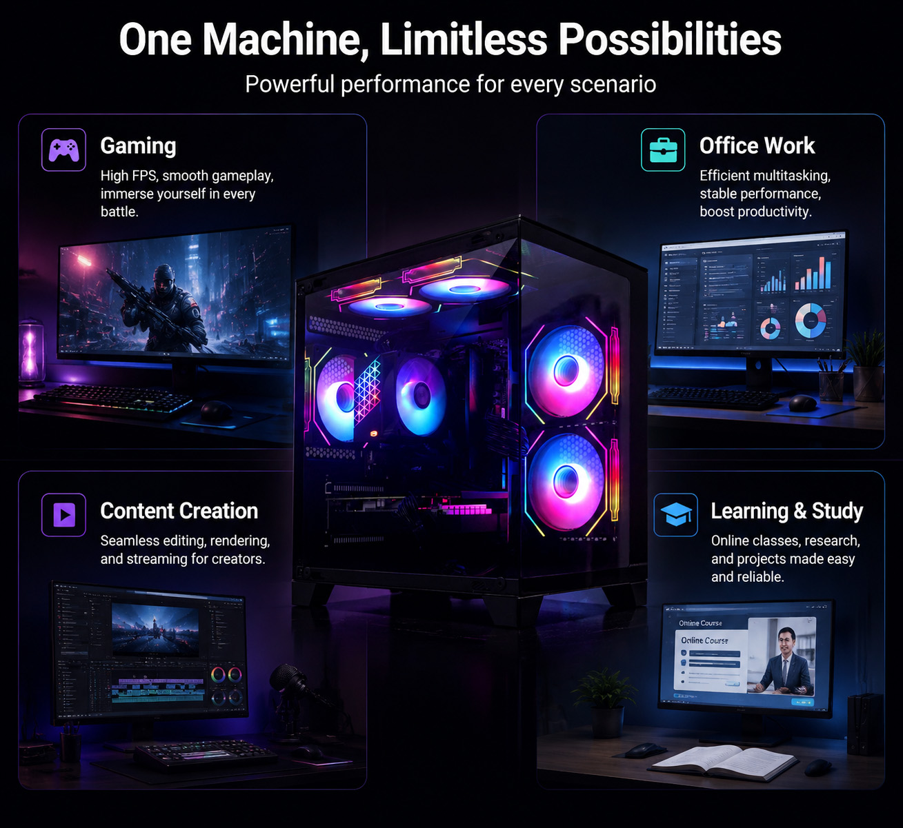 Gaming PC, multi-purpose desktop for gaming, office work, content creation, study