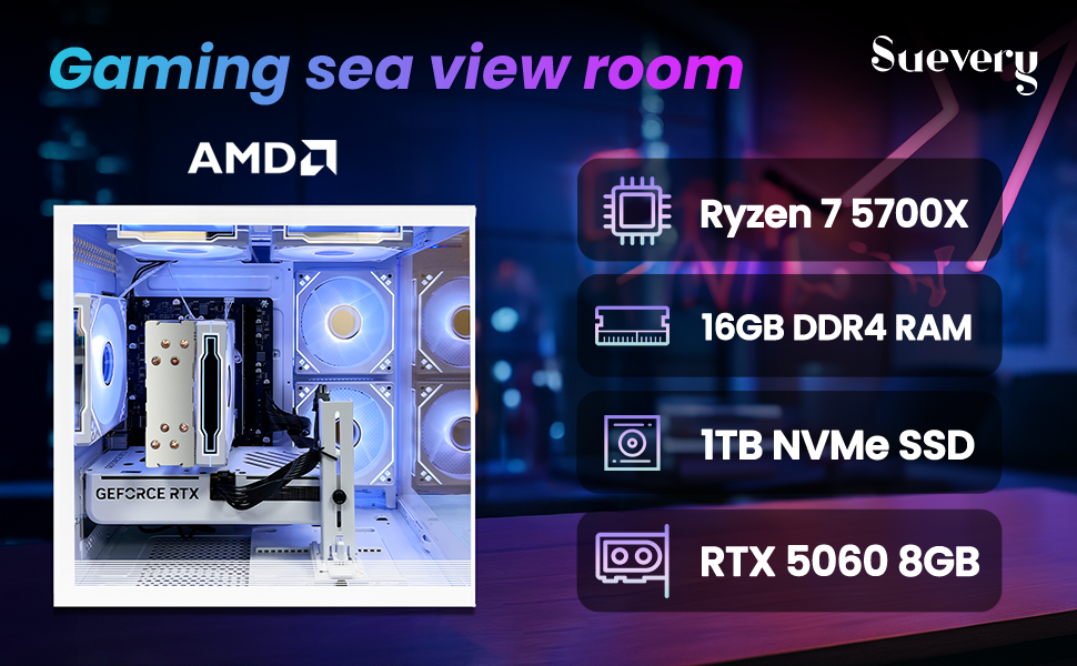 Suevery Gaming PC Desktop - AMD Ryzen 7 5700X, NVIDIA RTX 5060 8GB, 16GB DDR4, 1TB NVMe SSD, RGB li