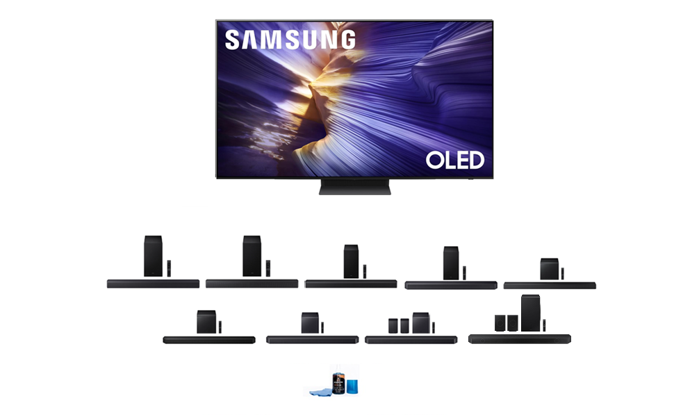 Samsung S90FA Series TV with Samsung Soundbar and Amber Screen Cleaner