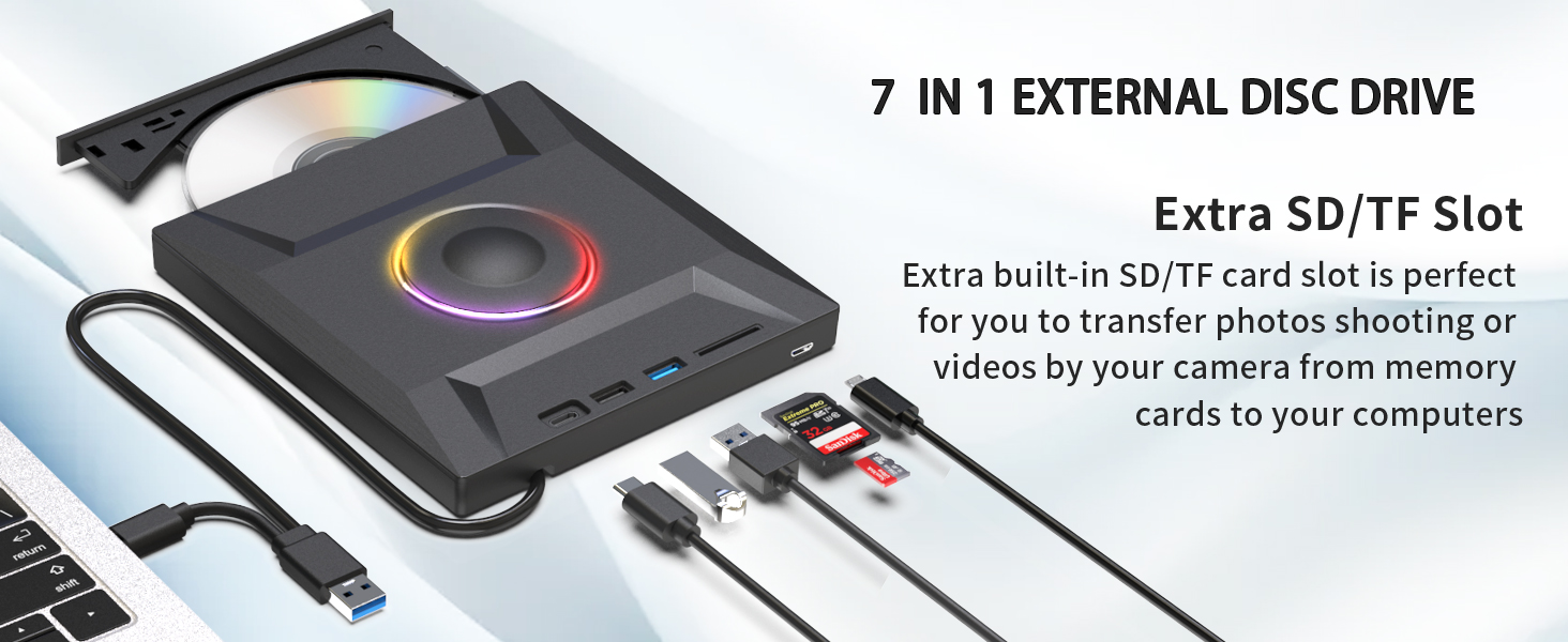 6 in 1 External DVD Drive, USB 3.0 & Type-C CD Burner Player with 3 USB Ports and 2 TF/SD Card Slots