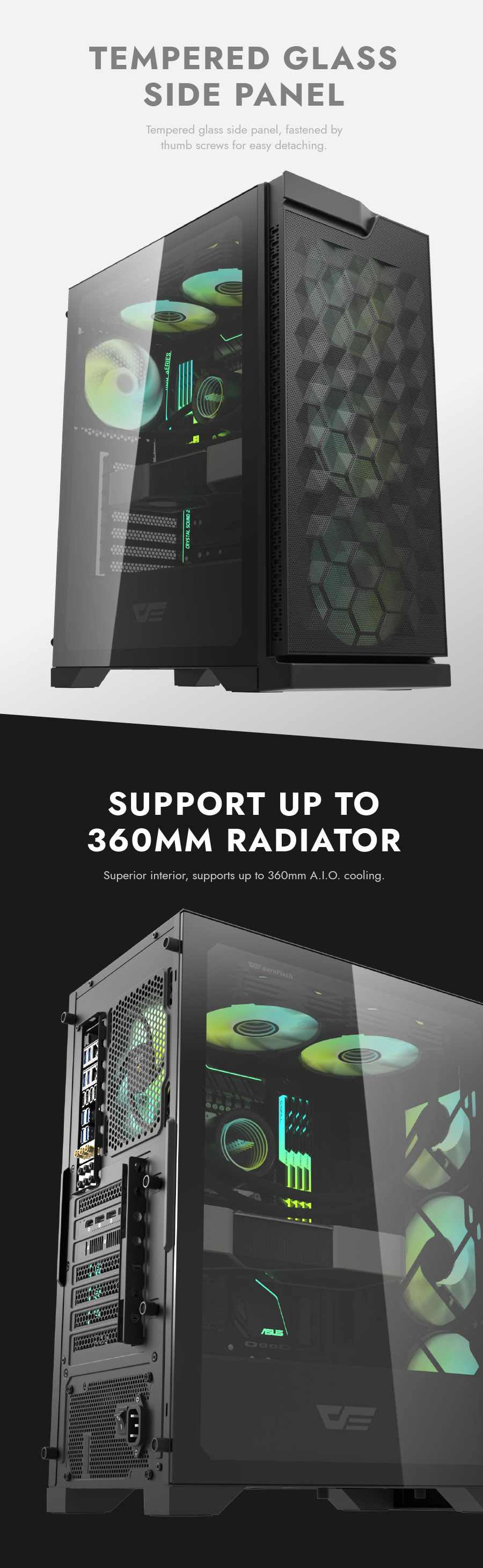 darkFlash DK361,ATX Mid-Tower Gaming Case,Hexagon Mesh High-Airflow Front,4× ARGB PWM Fans