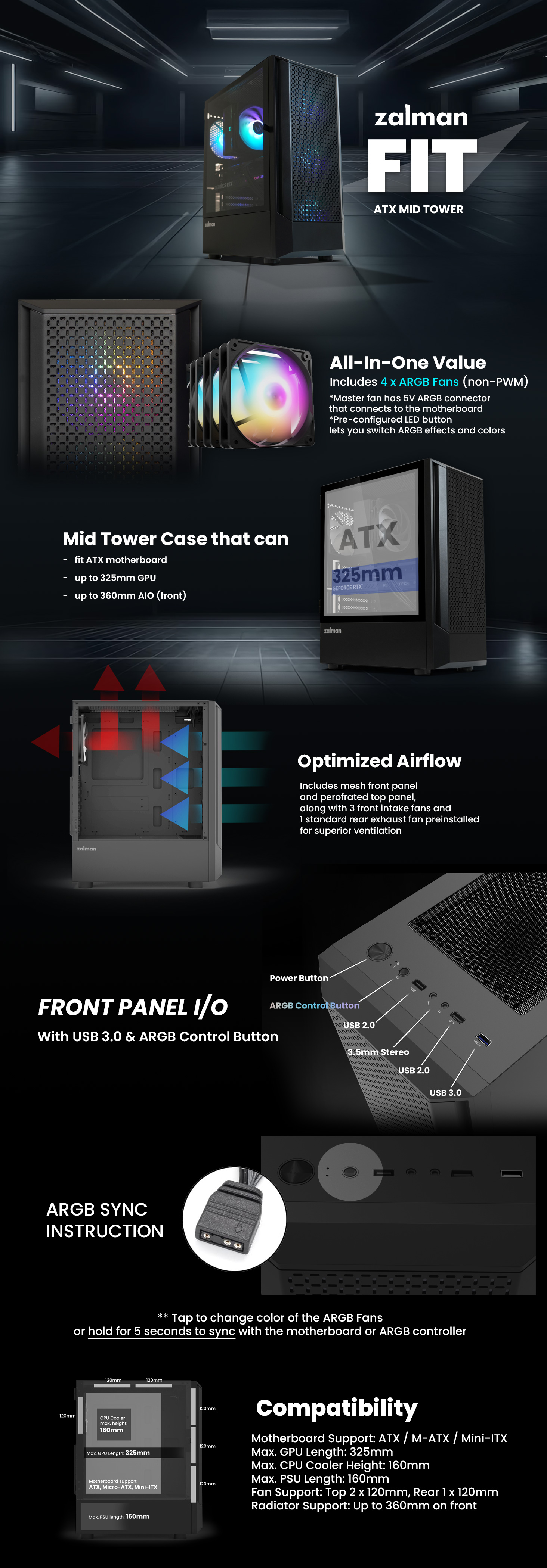 zalman fit atx mid tower rgb pc case