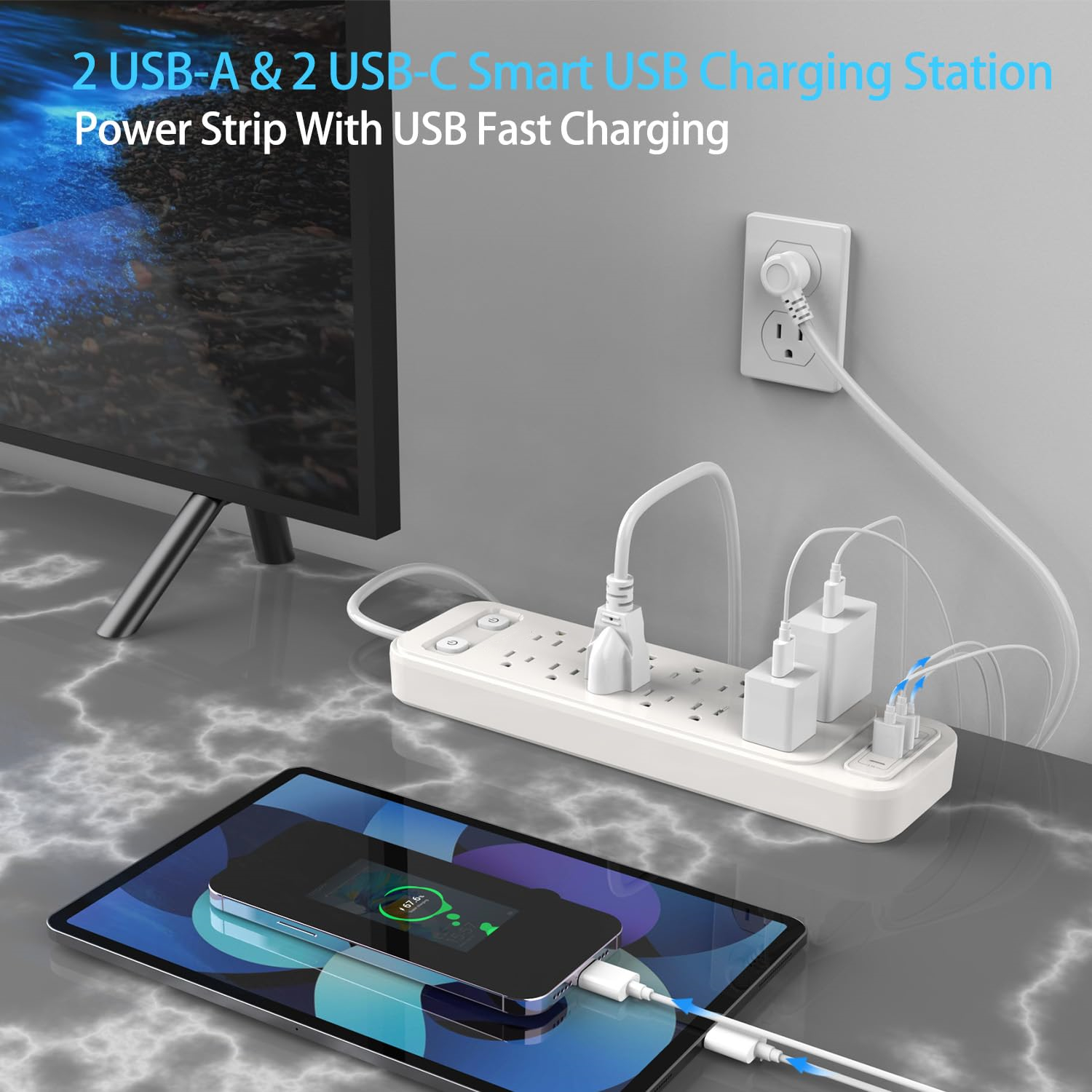 Wall-mounted power strip Two T-shaped holes on the back of the USB power strip allow the strip to ha