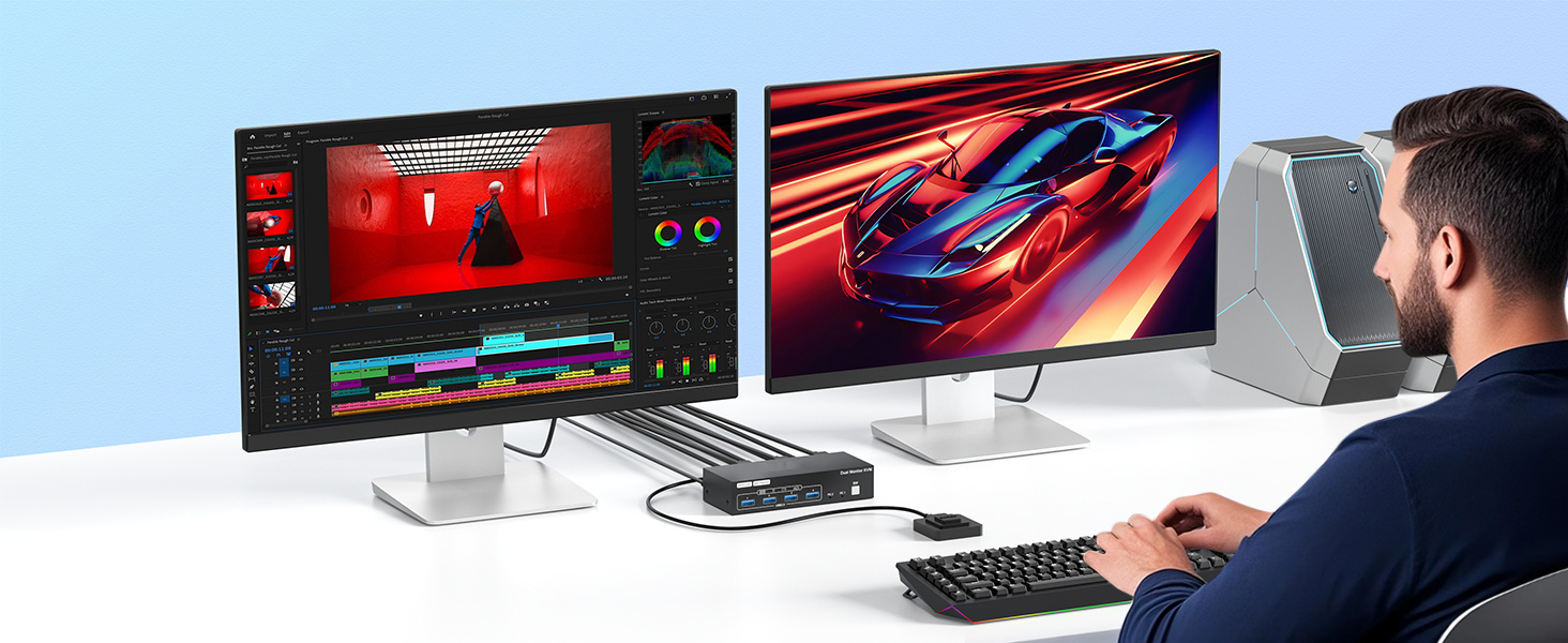 HDMI + Displayport KVM Switch 2 Monitors 2 Computers 8K@60Hz/4K@144Hz with 4 USB 3.0 Ports for 2 PCs