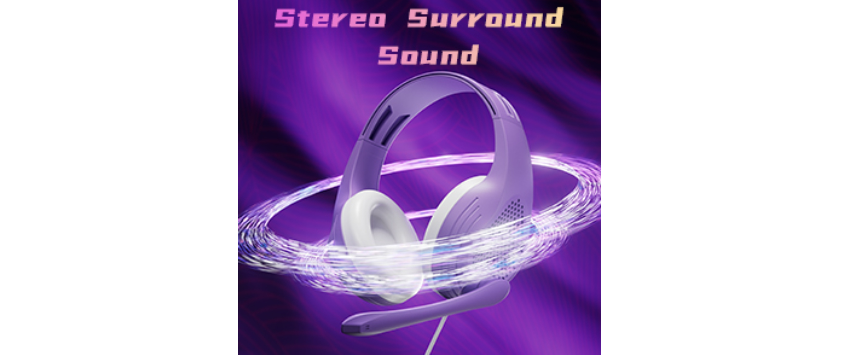 Purple gaming headset, stereo surround sound, sound swirl effect