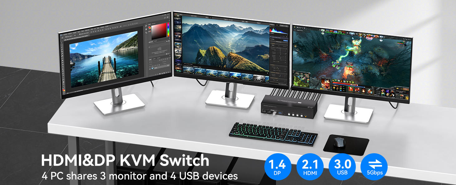 8K@60Hz 2 Displayport + HDMI KVM Switch 4 Computers 3 Monitors, 4K@144Hz Triple Monitor KVM Switch