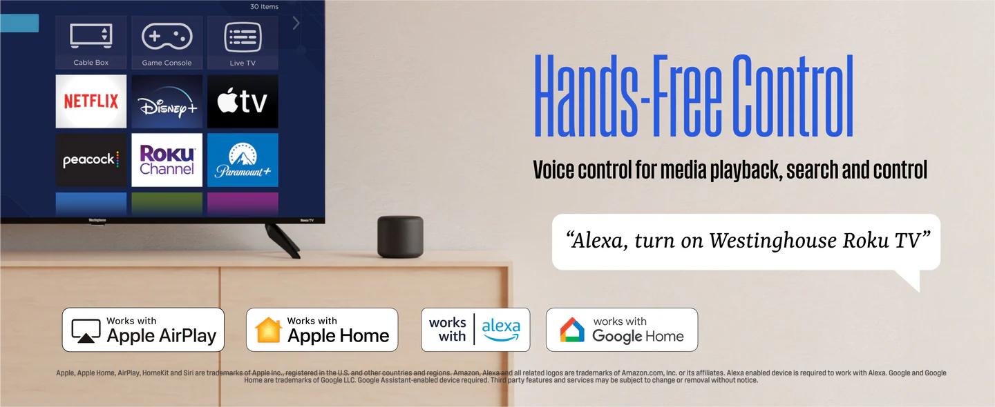 Westinghouse Smart Roku TV, HD QLED, Dolby Digital+, Wi-Fi, Bluetooth, AirPlay, Alexa & Google Assistant