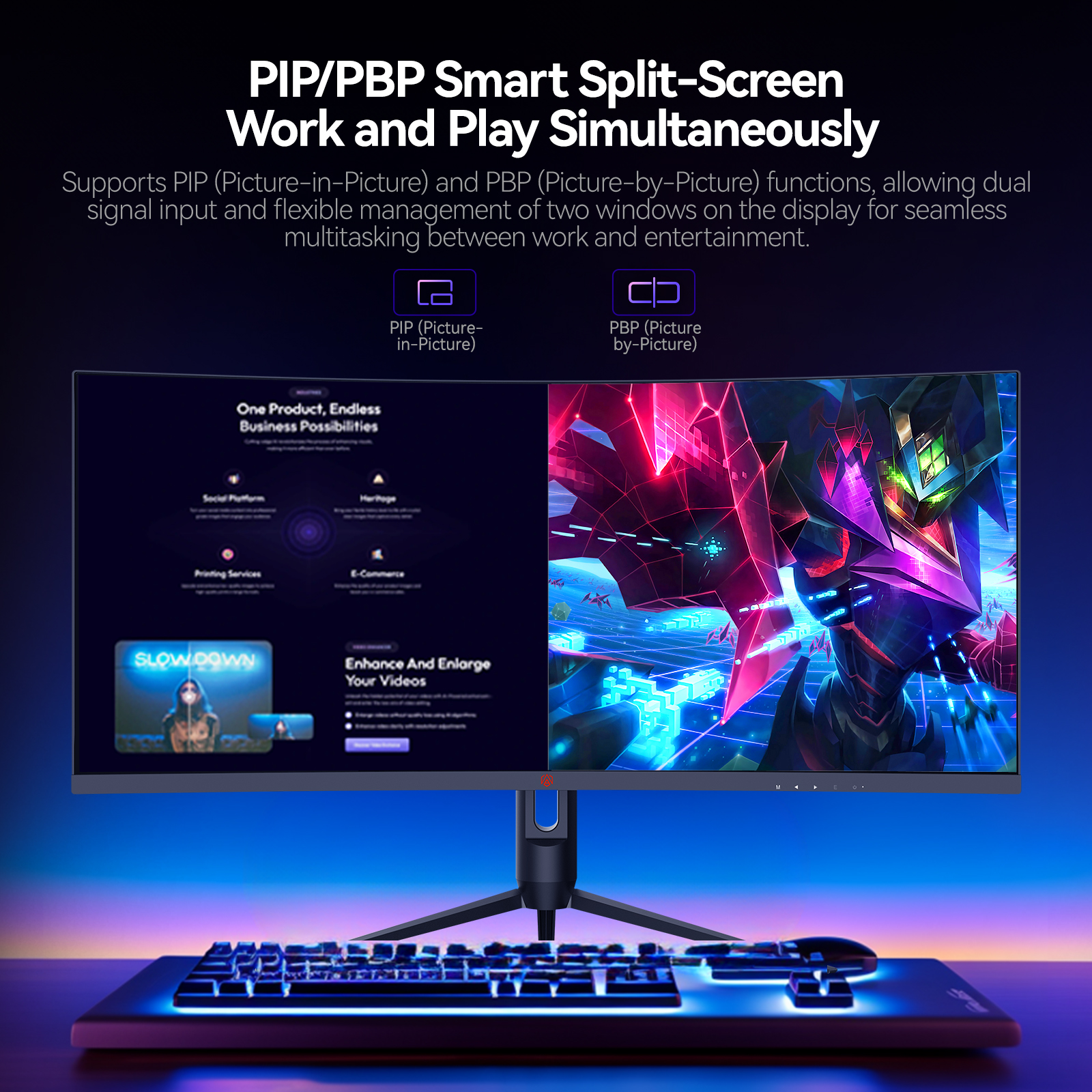 PIP/PBP Smart Split-Screen. Work and Play Simultaneously