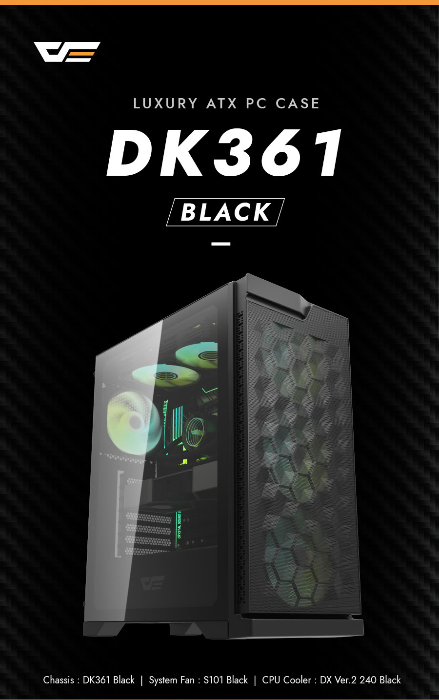 darkFlash DK361,ATX Mid-Tower Gaming Case,Hexagon Mesh High-Airflow Front,4× ARGB PWM Fans