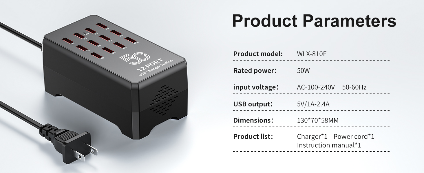 USB Charging Station for Multiple Devices, 12-Port USB Charger Block 50W