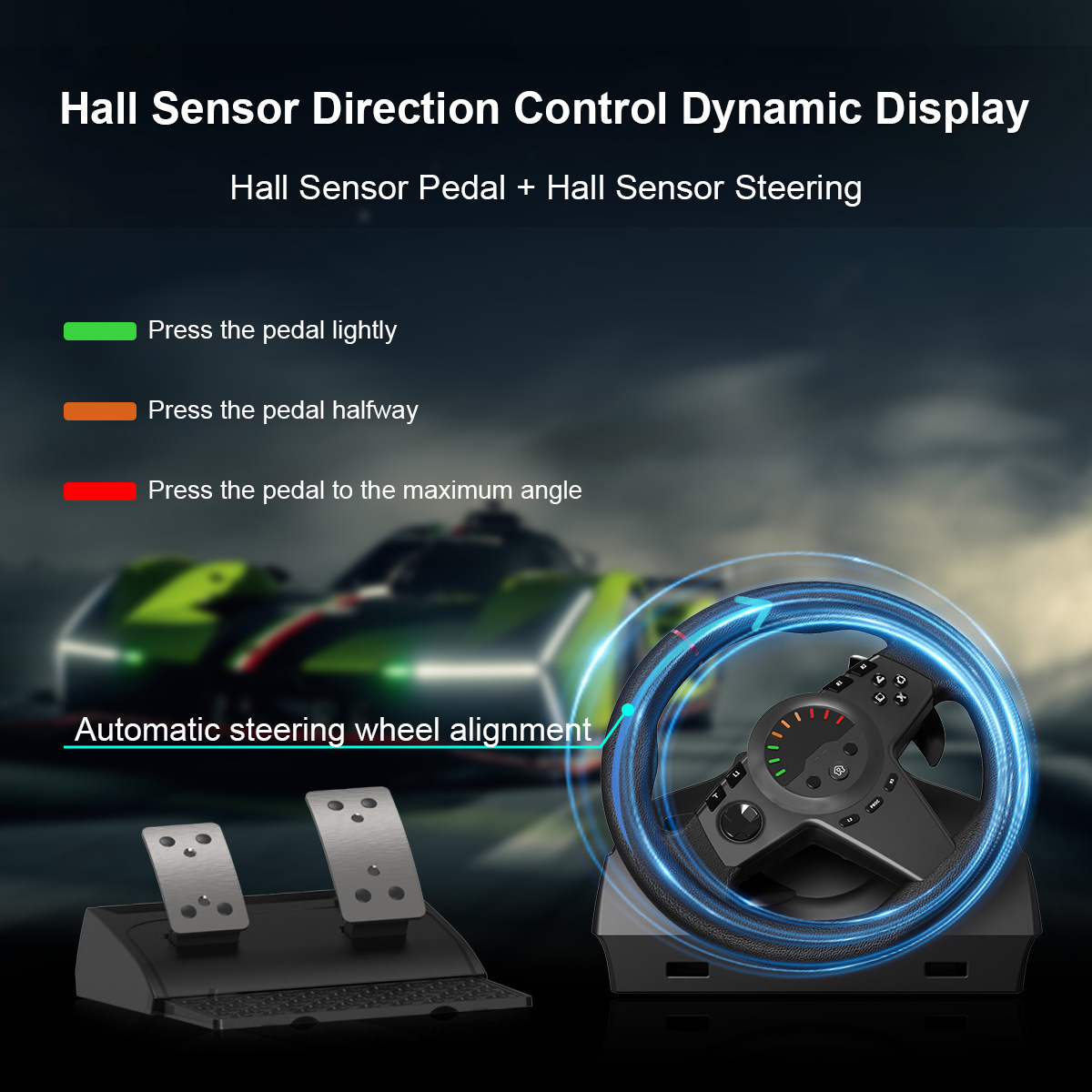 this racing wheel has hall Sensor Direction Control Dynamic Display