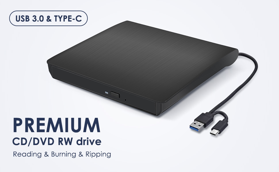 External CD/DVD Drive for Laptops, Type-C CD/DVD Player USB 3.0 Portable CD DVD Burner Writer Reader