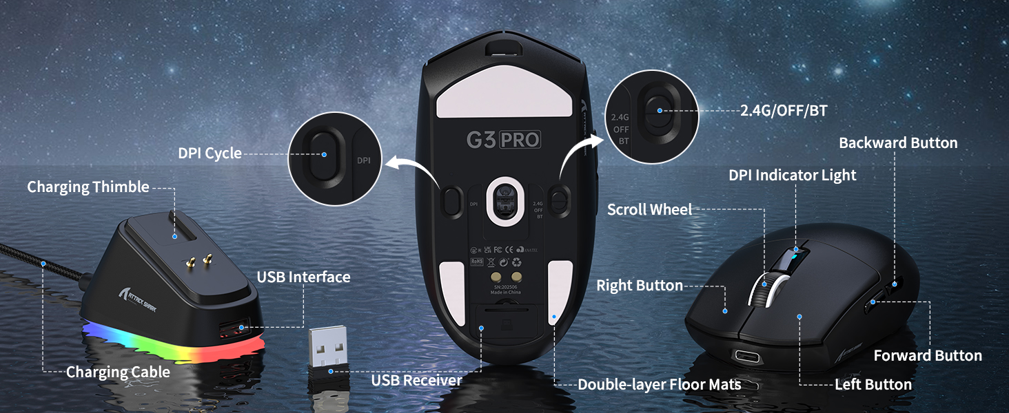 Wireless Gaming Mouse with Magnetic Charging Dock, PixArt PAW3311 Sensor, Tri-Mode Wireless Mouse, B