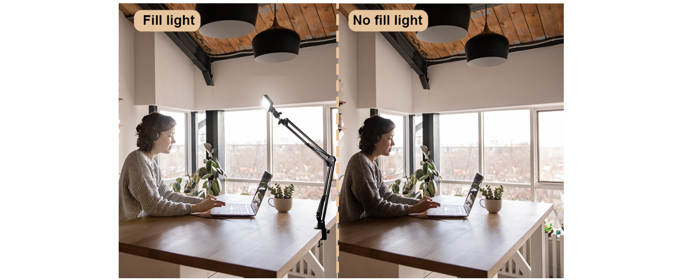 Anivia fill light comparison, with and without fill light, desktop video call lighting
