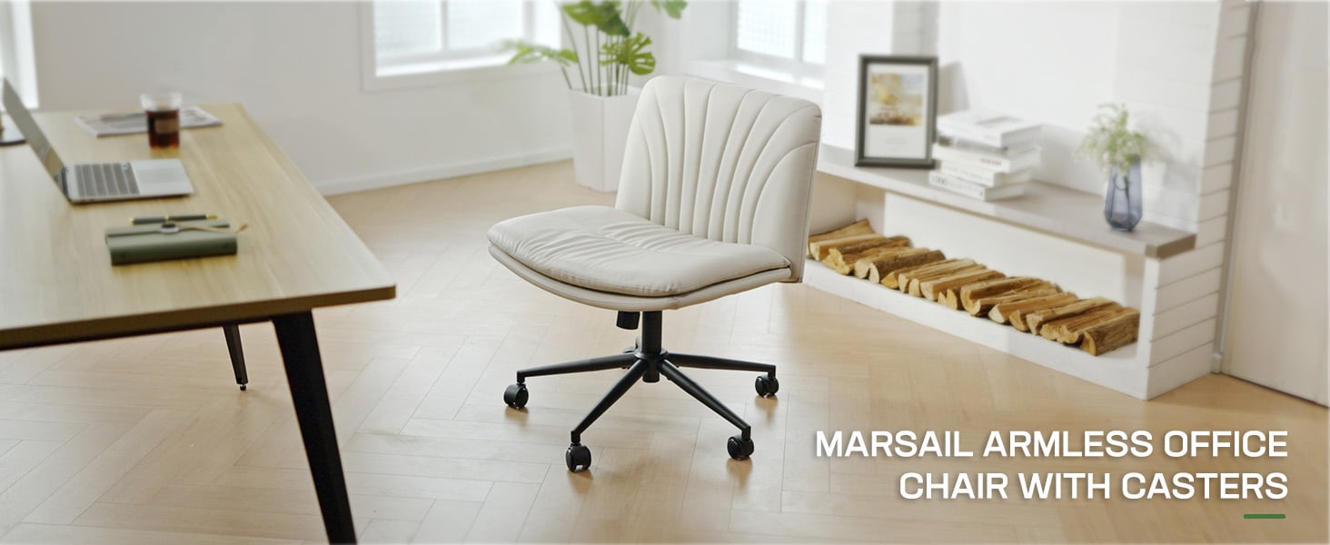 Marsail Armless-Office Desk Chair with Wheels: PU Leather Cross Legged Wide  Chair,Comfortable Adjustable Swivel Computer Task Chairs for