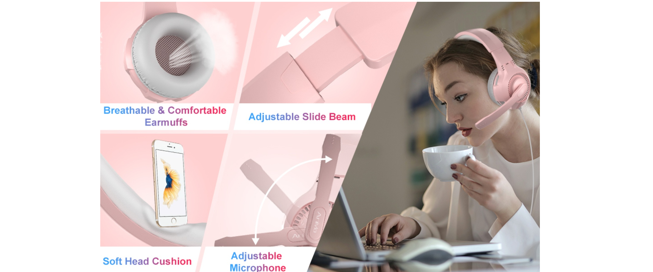Anivia Pink Headset, Soft Breathable Earcups, Adjustable Headband, Rotatable Mic
