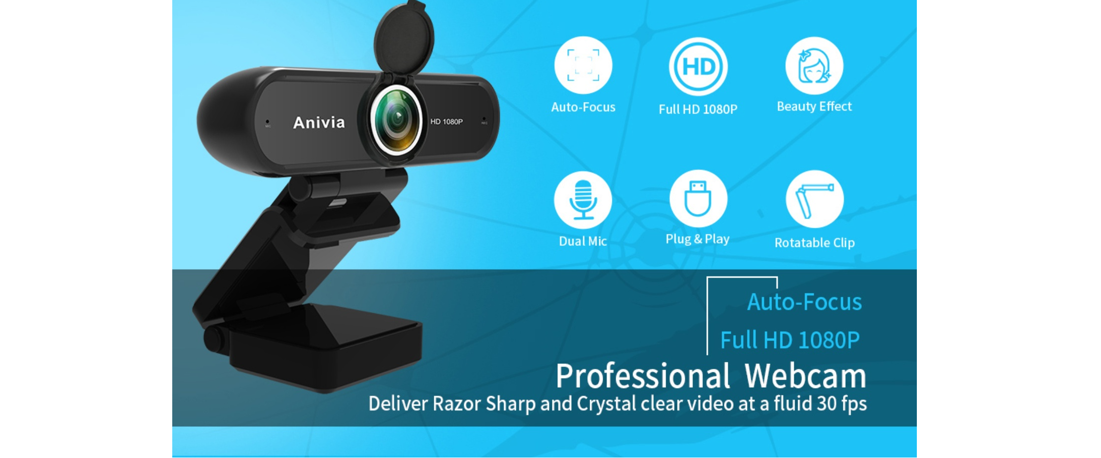 Anivia 1080P webcam,auto focus,dual microphone,privacy cover,plug&play,rotatable clip