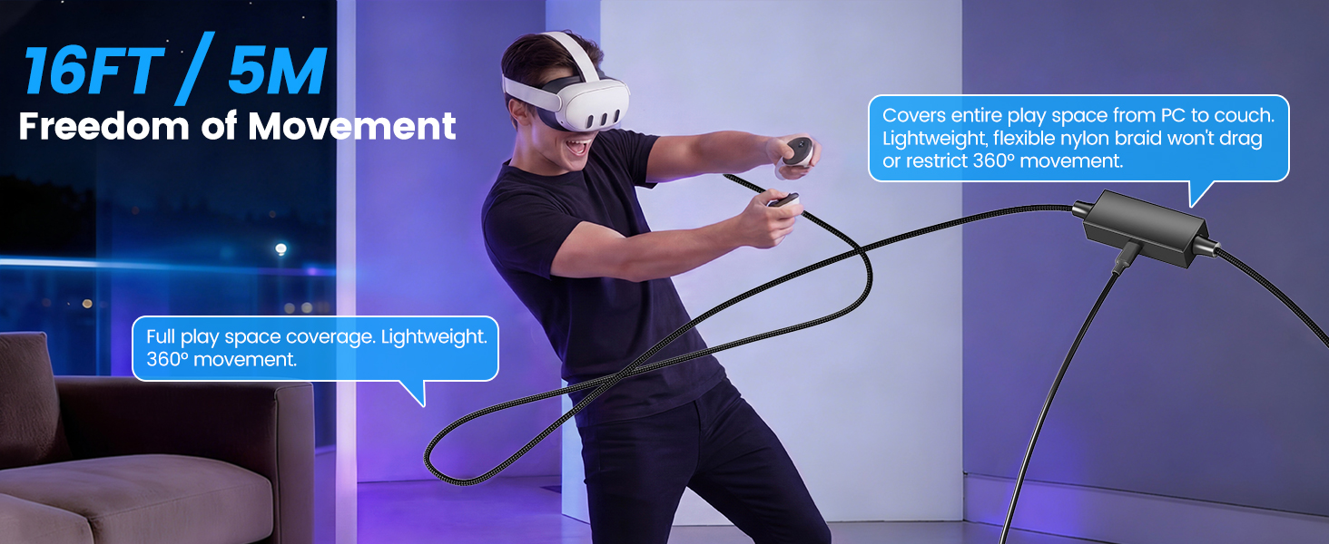 USB A to C VR Link Cable 16FT for Me-ta Quest 3S/3/2/Pro&Pico 4